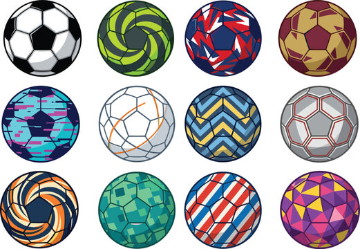 Soccer ball collection featuring modern football designs with geometric patterns colorful textures and sports equipment