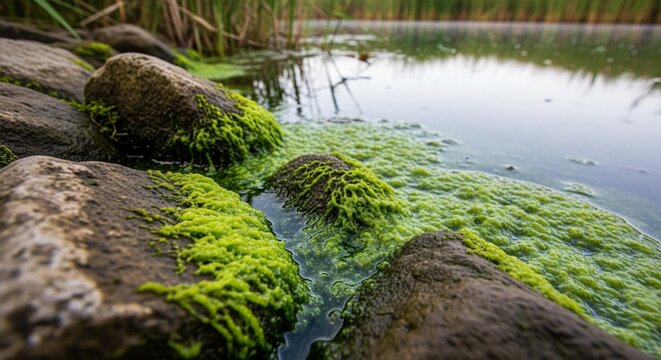 Bright green algae growing on weathered rocks at the edge of a serene quiet pond