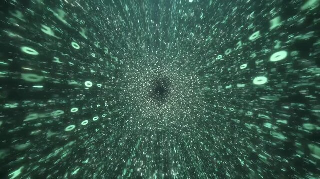 A tunnel of glowing binary digits in a digital style on a dark background, concept of data flow and cyberspace