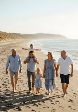Multi generational family walking on beach during golden hour