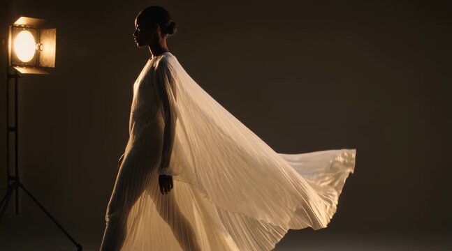 Black fashion model walking gracefully in flowing sheer white pleated gown under dramatic studio lighting