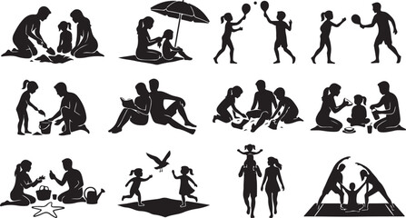 Set of silhouettes of a family spending time together on the beach and outdoors © Lutfar_Rahman