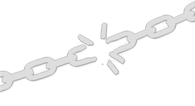 Broken metal chain with links shattered apart on plain surface