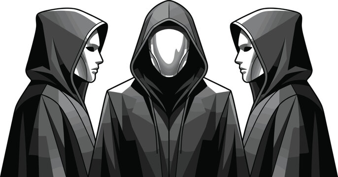 Three mysterious figures in black hooded cloaks with blank facial masks, isolated, digital illustration,