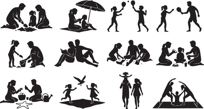 Set of silhouettes of a family spending time together on the beach and outdoors