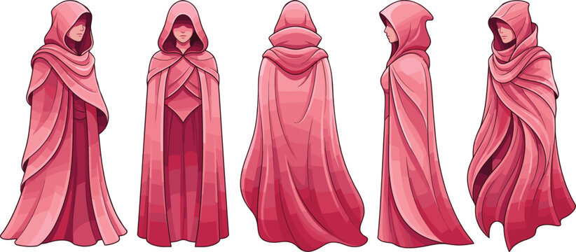Character Sheet of a Mysterious Figure in a Red Hooded Cloak, Fantasy Concept Art Illustration