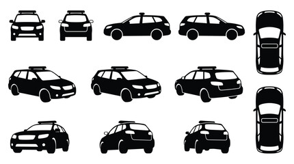 Police SUV and Patrol Vehicle Silhouette Set Showing Front, Side, Rear, and Top Views of Law Enforcement Cars on White Background  © selena