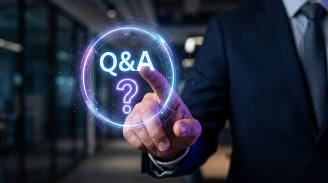 Business executive using holographic interface to access q and a frequently asked questions support system with questions business holographic interface technology corporate