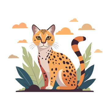 Flat design illustration of a serval cat in nature