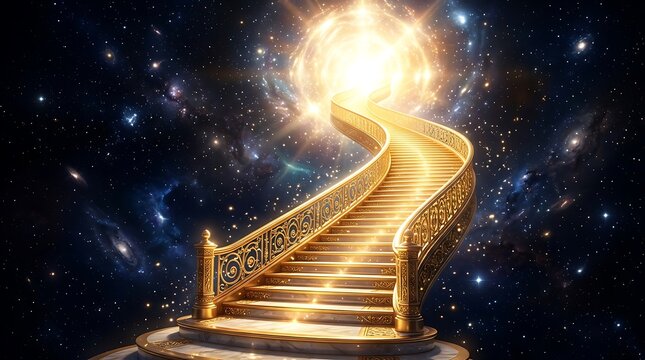 Golden celestial staircase ascending towards a radiant cosmic sun in starry space