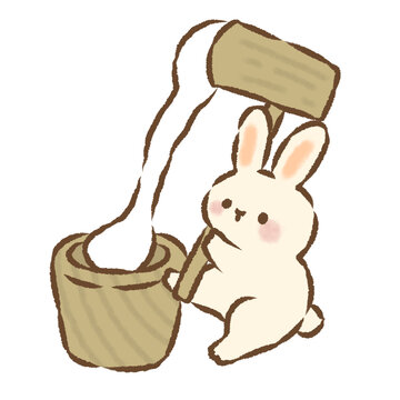 背景透過のもっちり手描きイラスト　９月　もちつきするうさぎ