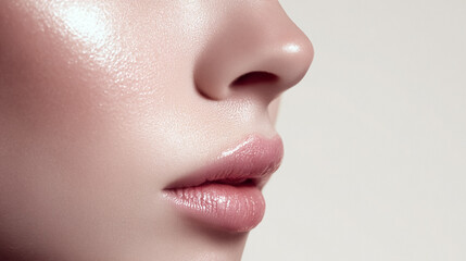 Naklejka premium Woman's glowing profile showing clean skin, natural nude makeup, hydrated lips, and healthy complexion