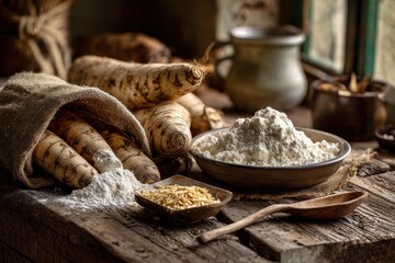 Obraz premium Rustic kitchen scene with cassava roots, flour, and farofa on a wooden table