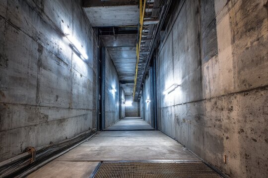 Industrial elevator shaft interior with steel beams, cables, and dim lighting