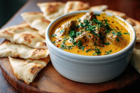 Savory curry dip in a white bowl, surrounded by naan and scattered spices on a warm wooden surface