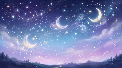 Fototapeta premium Whimsical night sky with crescent moons, stars, and dreamy cosmic swirls