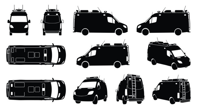 Utility Van Multi-View Silhouette Set Showing Front, Side, Rear, and Top Views of Service and Work Vans on White Background
