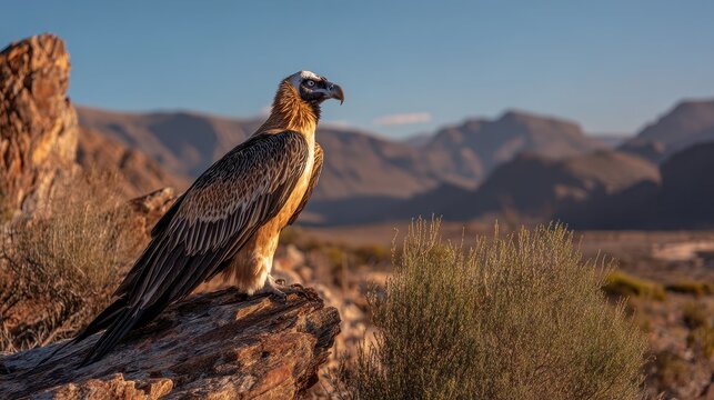 Solitary bearded vulture guarding a rocky ledge in the South African wilderness