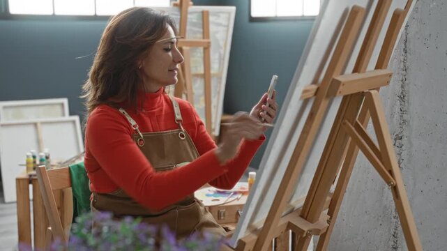 Woman painter in apron brushing canvas with brush, hand on canvas, glancing at phone reference at easel in art studio; creative concentration.