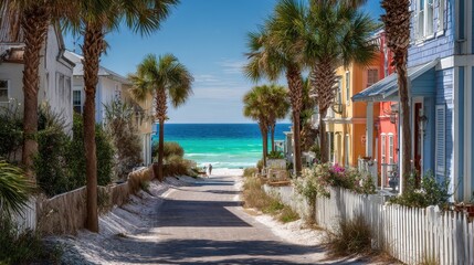 Obraz premium Colorful waterfront street with oceanfront homes and sandy dunes under a clear sky