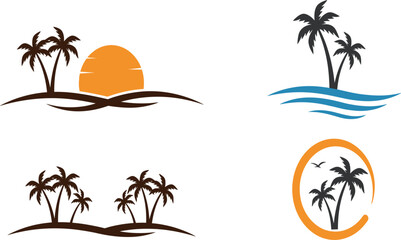 Obraz premium Tropical beach logo collection featuring palm trees, sunset and ocean waves for travel tourism branding