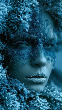 Ethereal winter queen portrait, face framed by icy frost and frozen pine branches, extreme detail on rhinestone lip art, magical cool blue glowing dust, editorial stock portrait