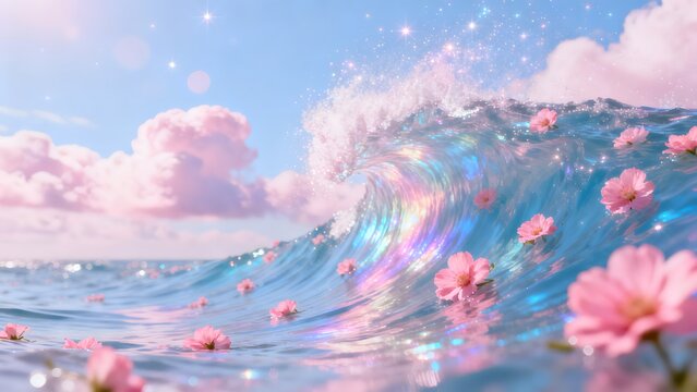 Artistic ocean wave with floating flowers