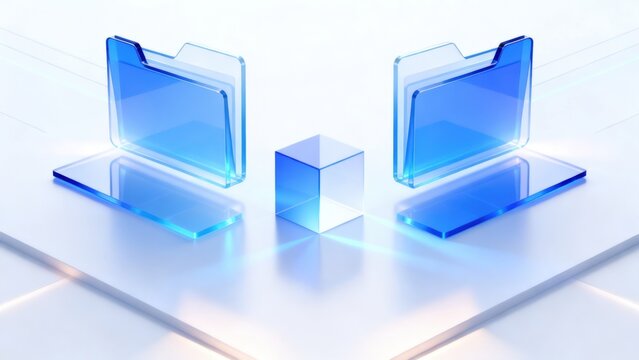 Blue transparent folders and cube on white surface