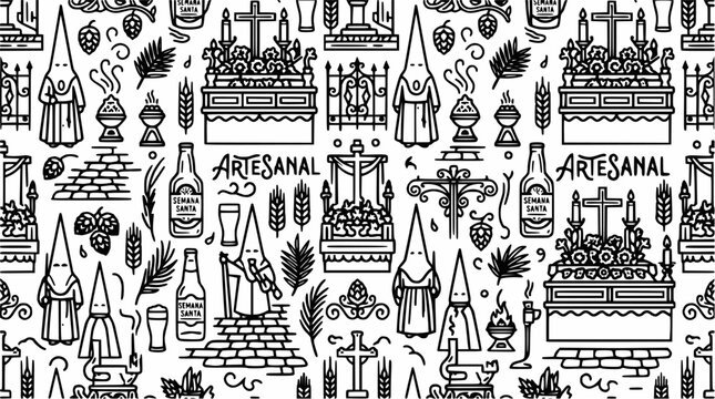 Spanish Holy Week and craft beer seamless line art pattern