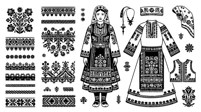 Black and white Romanian folk costume and embroidery patterns.