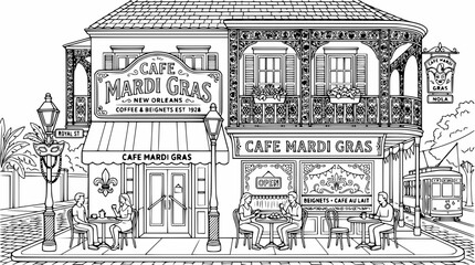 Cafe Mardi Gras New Orleans architecture line drawing. © jamal
