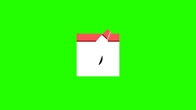 Animated calendar with flipping pages, red header icon on green screen, Alpha channel, schedule planning concept, time passing symbol, appointment organizer, business deadline reminder, and commas.
