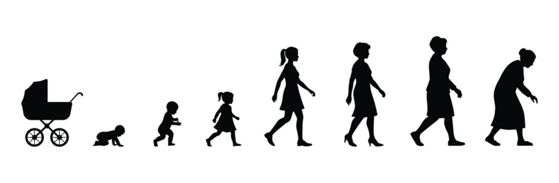 The Cycle of Life: Silhouettes depicting the human lifespan from infancy to old age, representing growth, development, and the passage of time.