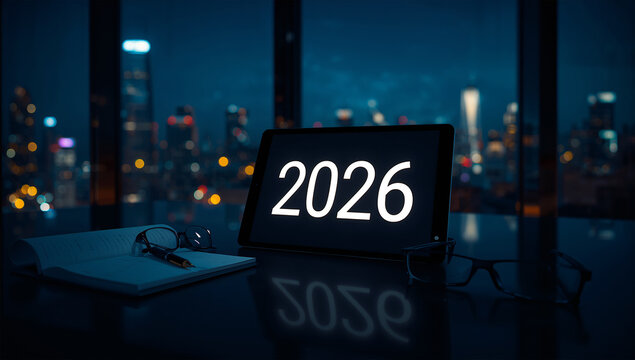夜のオフィスで2026年を表示するデジタル計画素材
