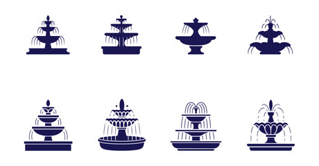Fountain Icons Set: A collection of eight distinct fountain silhouette icons, showcasing various tiered designs and water cascades, perfect for architectural or decorative elements. © Vector By Thakur
