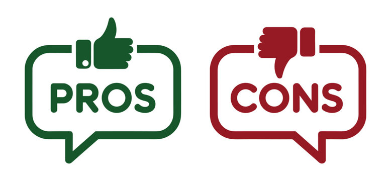 Pros and Cons Comparison: Two distinct speech bubbles, one green with a thumbs-up and PROS, the other red with a thumbs-down and CONS.