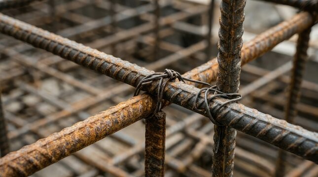 Reinforced concrete rebar grid detail construction site close up
