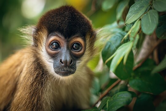 Adorable spider monkey in dense jungle foliage with sunlit leaves