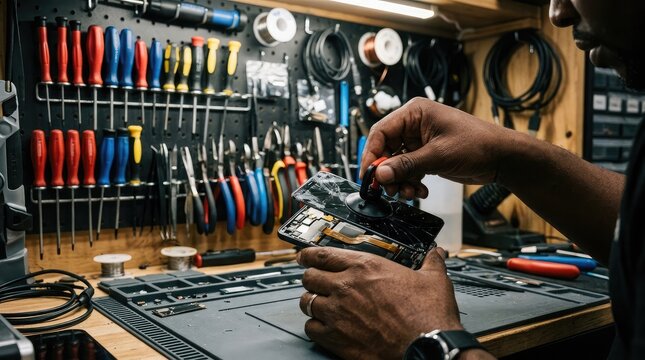 Smartphone repair technician fixing cracked screen with tools