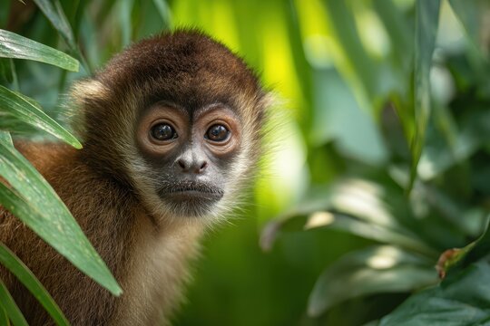 Close-up portrait of a spider monkey in a lush tropical jungle