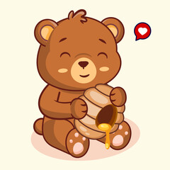 Obraz premium Cute Cartoon Bear Eating Honey from a Honeycomb Vector Illustration Kawaii Animal