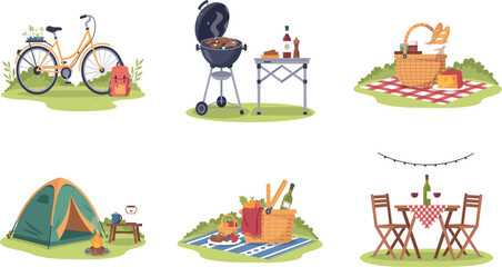 Outdoor picnic and camping collection with barbecue, bicycle and dining setup, summer recreation vector illustration © Puley