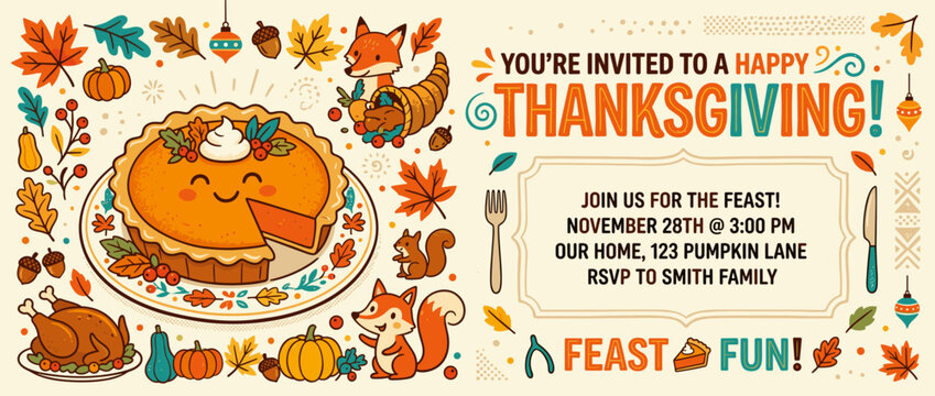 Colorful Thanksgiving invitation card with pumpkin pie and autumn leaves for family celebration