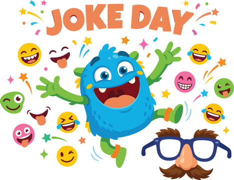 International joke day funny cartoon monster celebrating with emojis