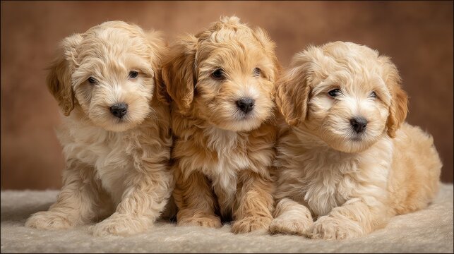 Three playful goldendoodle pups posed for a warm family pet photo in studio