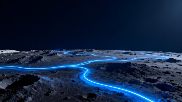 Moon surface with glowing blue lines