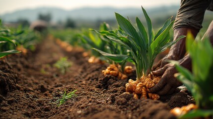 Fototapeta premium Sunlit field of turmeric plants showing lush leaves and ready-to-harvest roots on an eco-friendly farm