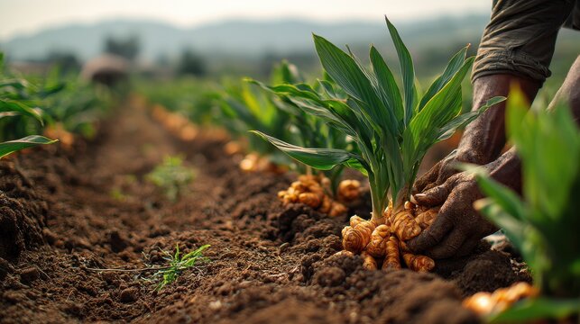Sunlit field of turmeric plants showing lush leaves and ready-to-harvest roots on an eco-friendly farm