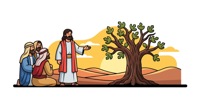 Jesus Christ with two followers outdoors.
