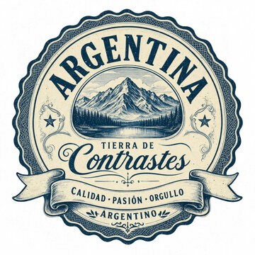 Retro Argentina vintage seal emblem with Patagonia mountains and ribbon banner